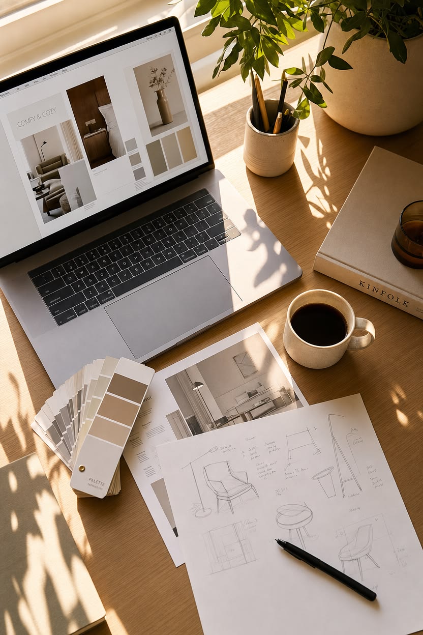 Designer's desk with moodboard, colour swatches and furniture sketches